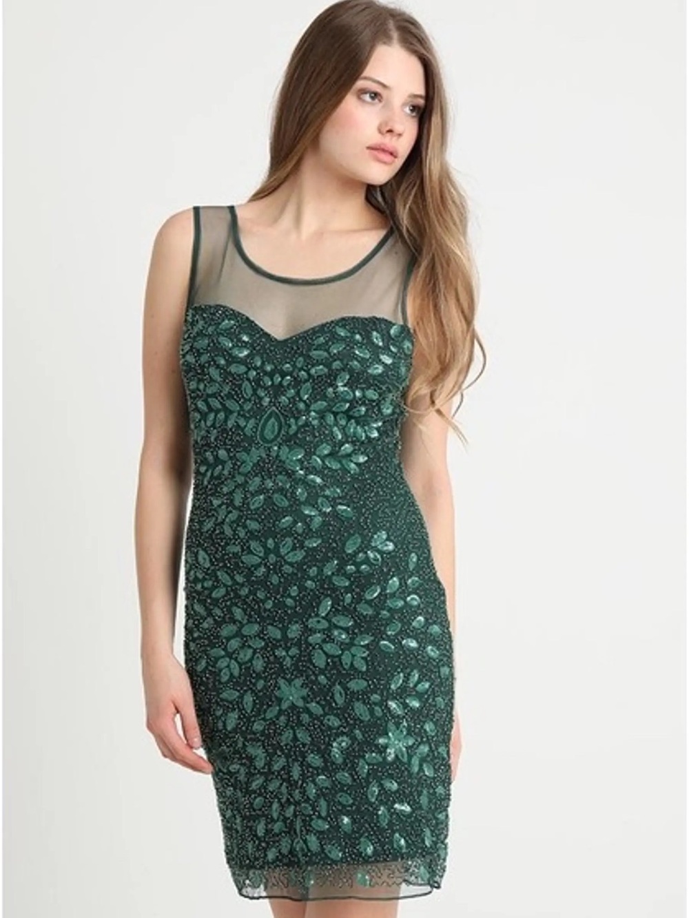 MOLLY BRACKEN GREEN BEADED FLORAL LEAF ILLUSION COCKTAIL SHEATH DRESS